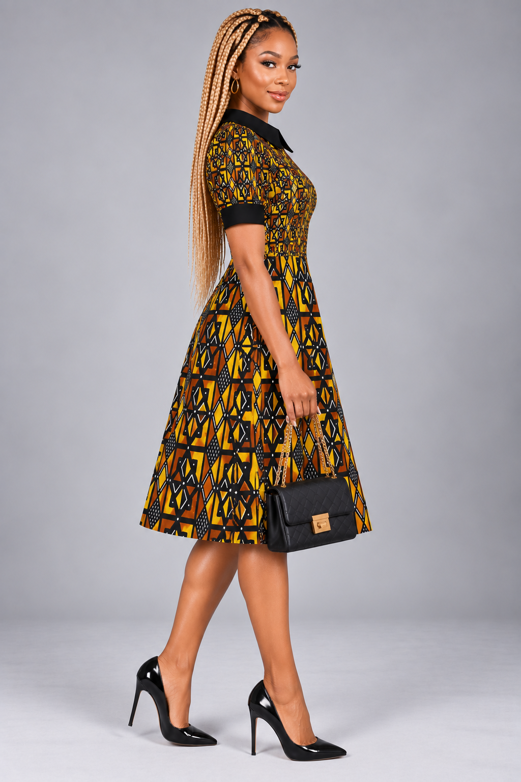 Kente-Inspired Peter Pan Collar Print A-Line Midi Dress