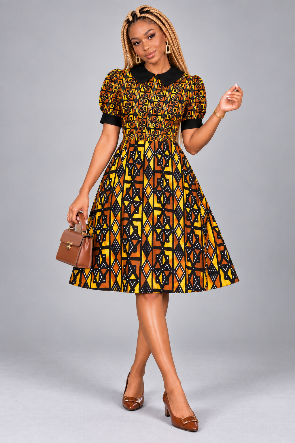Kente-Inspired Peter Pan Collar Print A-Line Midi Dress