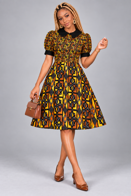 Kente-Inspired Peter Pan Collar Print A-Line Midi Dress