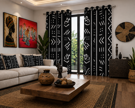 Mudcloth Print Grommet Curtains — Black & White Symbolic