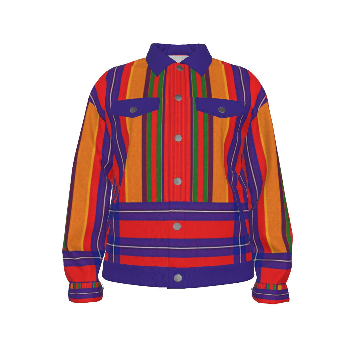 A long-sleeve button-up jacket featuring a vibrant multicolor striped pattern with red, orange, green, yellow, and purple vertical stripes, displayed on a clean white background.