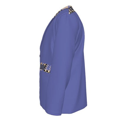 Men's Heritage Print Flat Lapel Collar Blazer — Periwinkle Kente-Trim — 245GSM Cotton