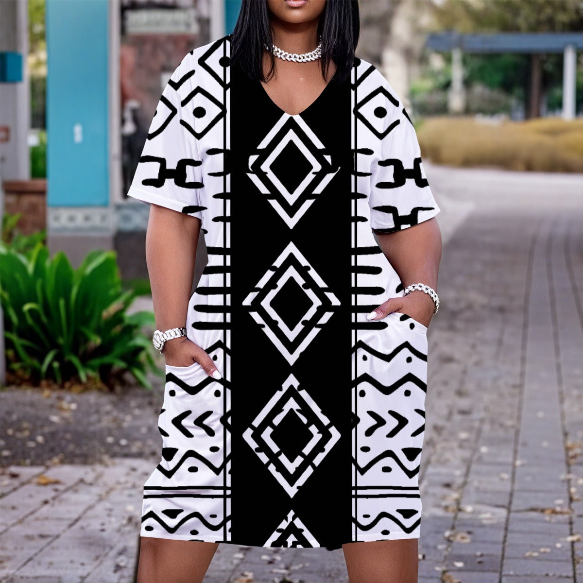 Black & White Bogolan Heritage Plus Size V-Neck Dress