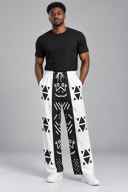 Mudcloth Print Wide Leg Trousers — Black & White Color Block