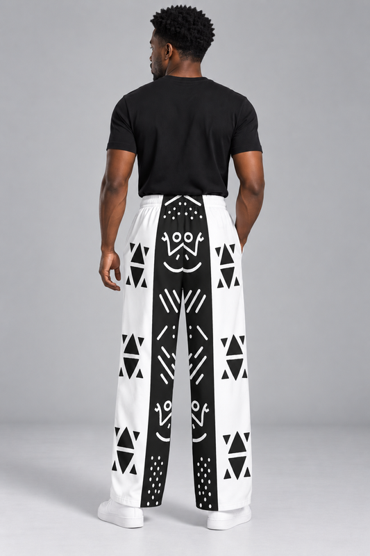 Mudcloth Print Wide Leg Trousers — Black & White Color Block