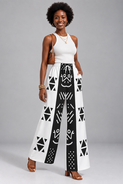 Mudcloth Print Wide Leg Pants — Black & White Color Block