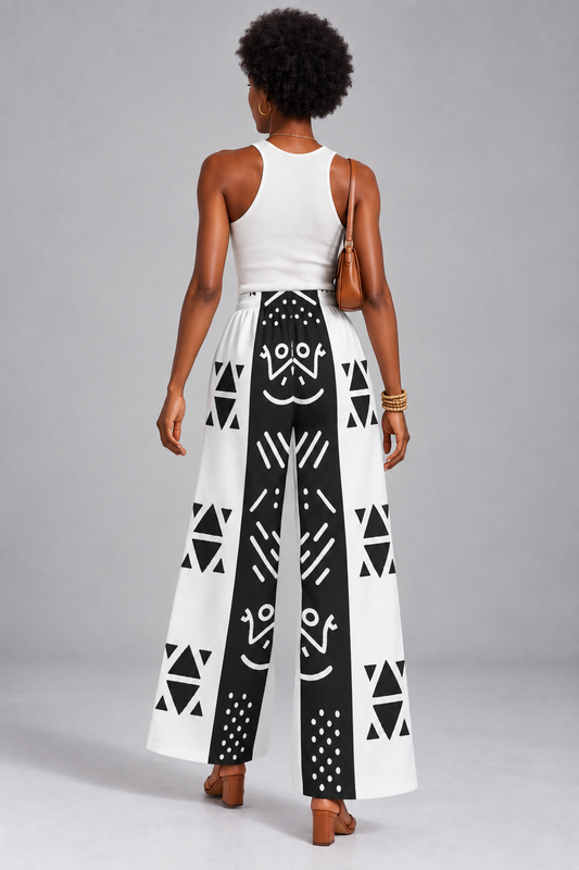 Mudcloth Print Wide Leg Pants — Black & White Color Block