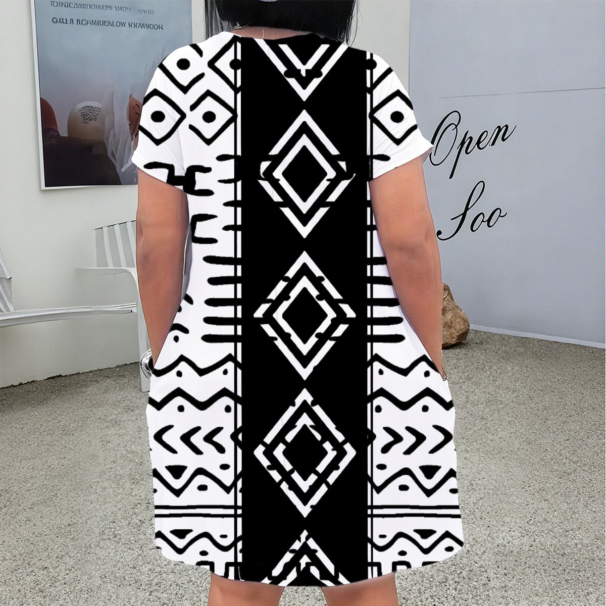 Black & White Bogolan Heritage Plus Size V-Neck Dress