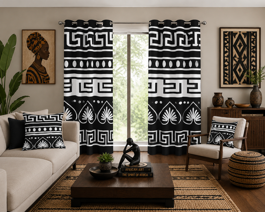 Heritage-Inspired Grommet Curtains — Black & White Geometric