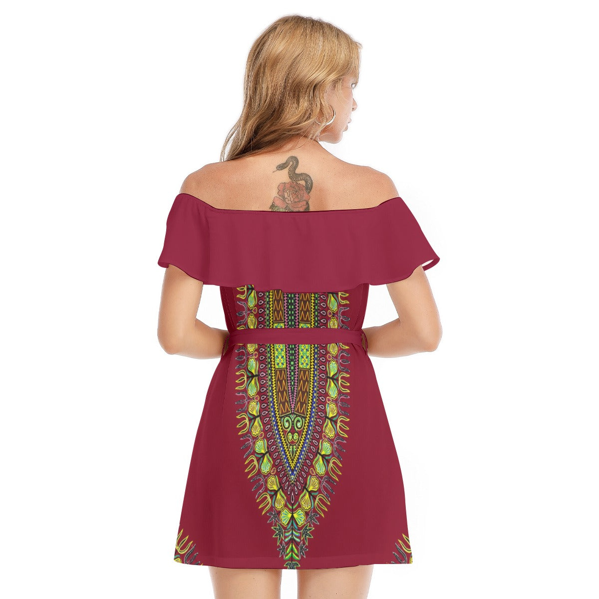 All-Over Print Women's Off-shoulder Dress With Ruffle