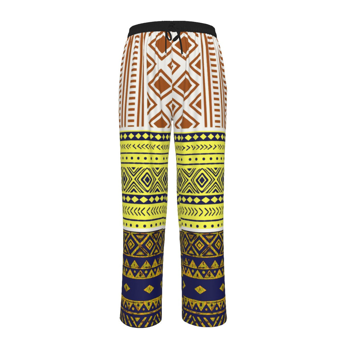 A pair of wide-leg pants featuring a split-color geometric pattern. The upper portion is cream and brown, while the lower legs feature yellow, navy blue, and brown tribal patterns, with a black elastic waistband and drawstring.