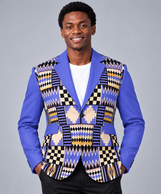 Men's Kente-Inspired Patchwork Combination Flat Lapel Collar Blazer