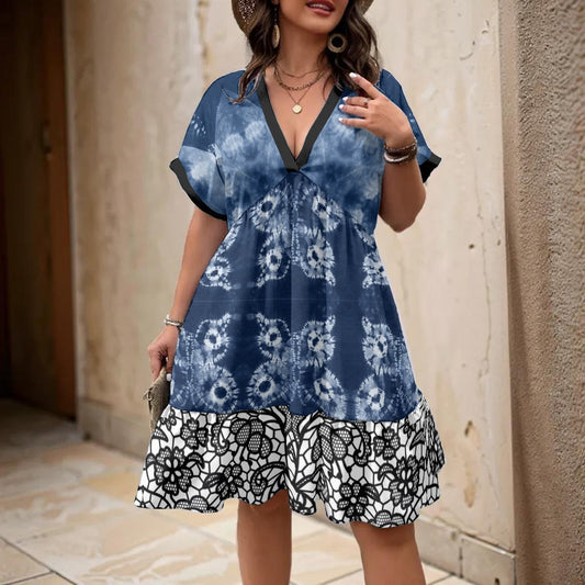 Shibori Tie-Dye Lace-Hem Flowy V-Neck Dress