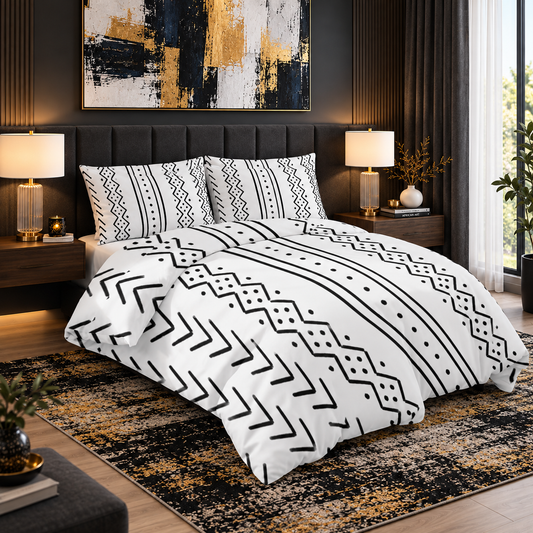 Double-Sided Print Three-Piece Bedding Set — Bogolan Mudcloth Print — Polyester