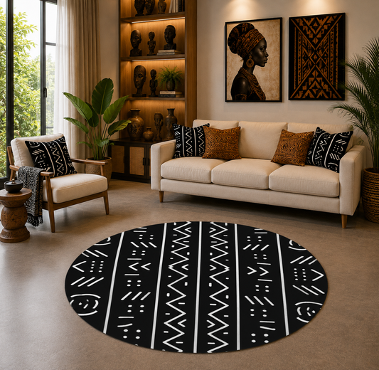 Mudcloth Print Round Area Rug — Black & White