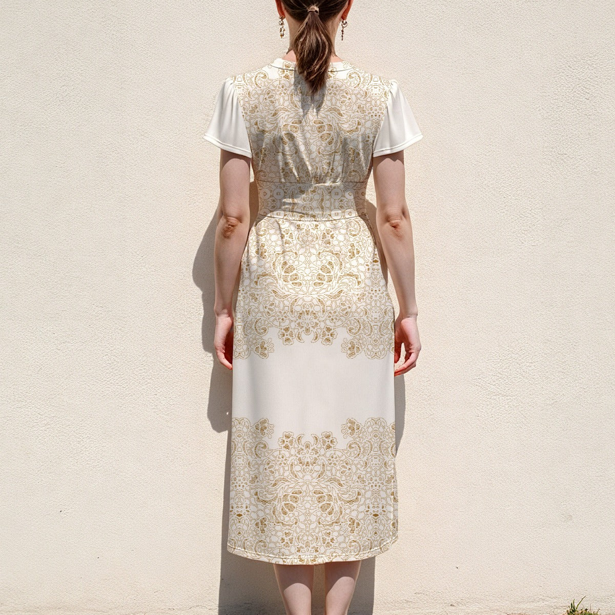 Cream & Gold Floral Jacquard V-Neck Midi Dress — Wide Waistband