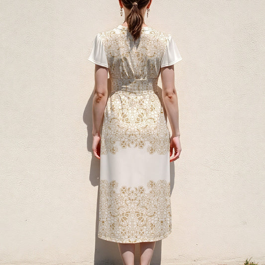 Cream & Gold Floral Jacquard V-Neck Midi Dress — Wide Waistband