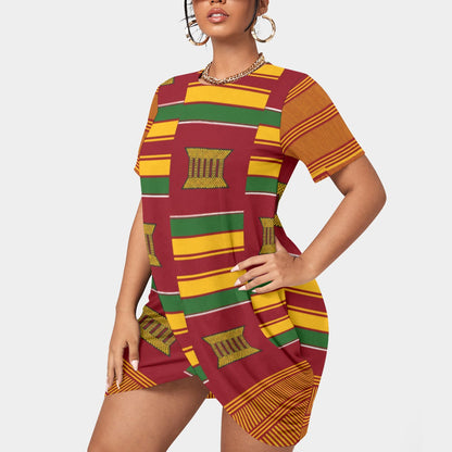 All-Over Print Women’s Stacked Hem Dress With Short Sleeve（Plus Size）