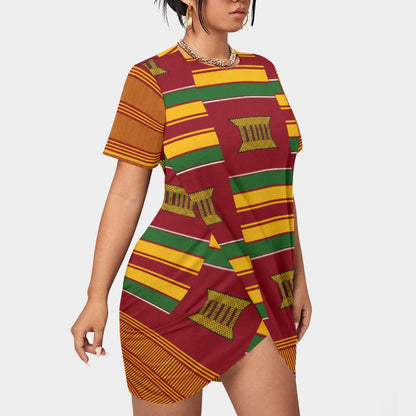 All-Over Print Women’s Stacked Hem Dress With Short Sleeve（Plus Size）