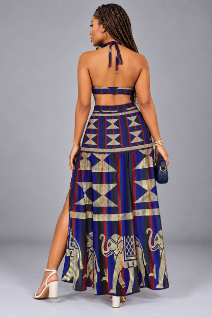 Tribal Print Halter Crop Top & Maxi Skirt Set — Blue, Red & Gold