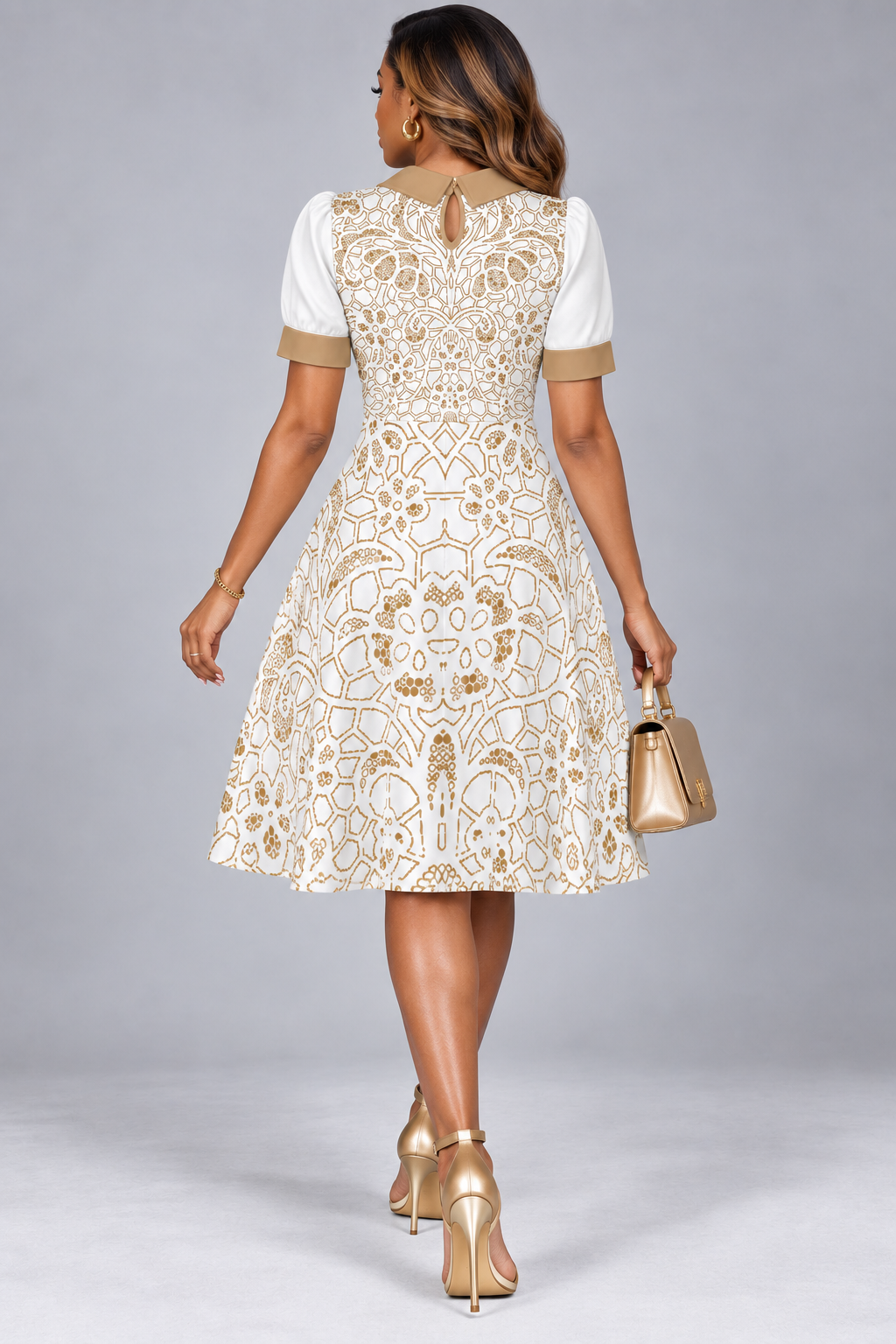 Women's A-Line Midi Dress — Gold Lace Mosaic Print — Peter Pan Collar & Puff Sleeves