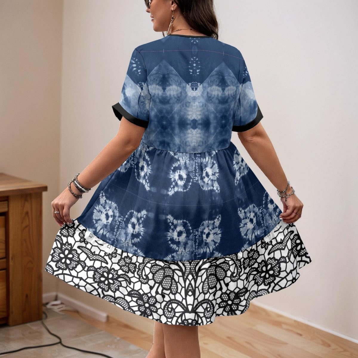 Shibori Tie-Dye Lace-Hem Flowy V-Neck Dress