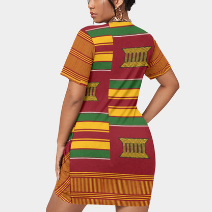 All-Over Print Women’s Stacked Hem Dress With Short Sleeve（Plus Size）