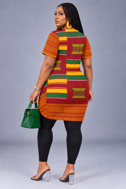Kente Print Stacked Hem T-Shirt Dress — Red, Gold & Green (Plus Size)