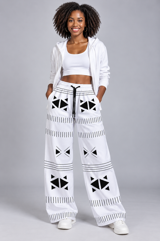 Women's Wide Leg Lounge Pants — Geometric Print, Black & White