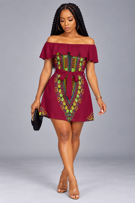Dashiki-Inspired Print Off-Shoulder Ruffle Dress — Burgundy
