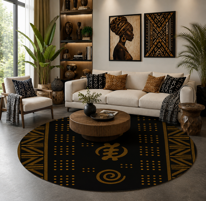 Adinkra-Inspired Round Area Rug — Black & Gold