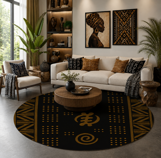 Adinkra-Inspired Round Area Rug — Black & Gold