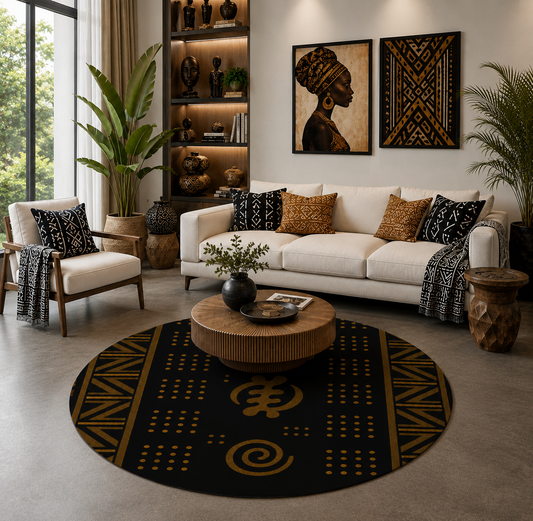 Adinkra-Inspired Round Area Rug — Black & Gold