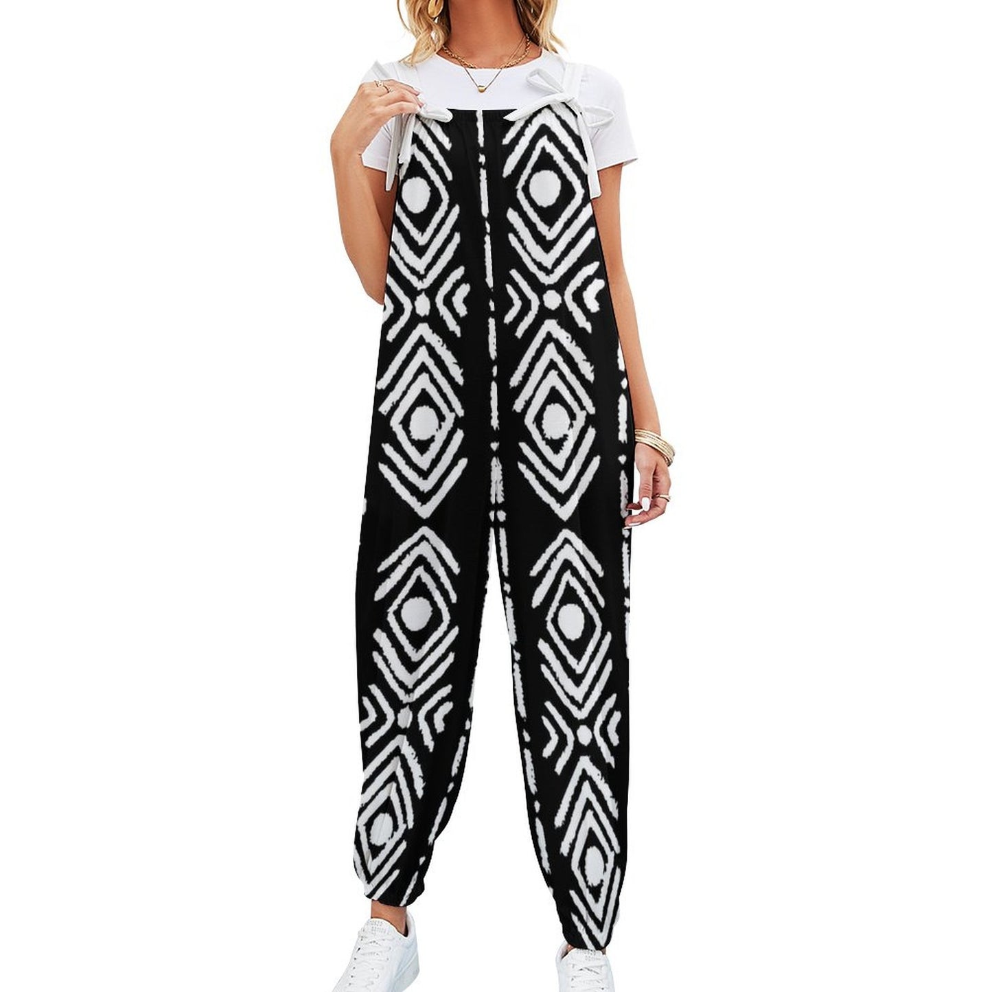 Bogolan Print Spaghetti Strap Jumpsuit | Black & White Wide-Leg Tie-Strap Romper