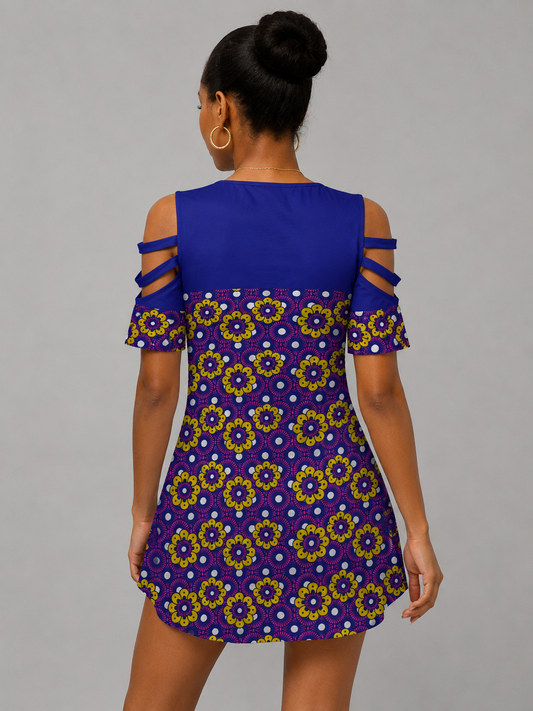 Ankara Print Open-Shoulder Zip Top — Blue & Yellow Floral