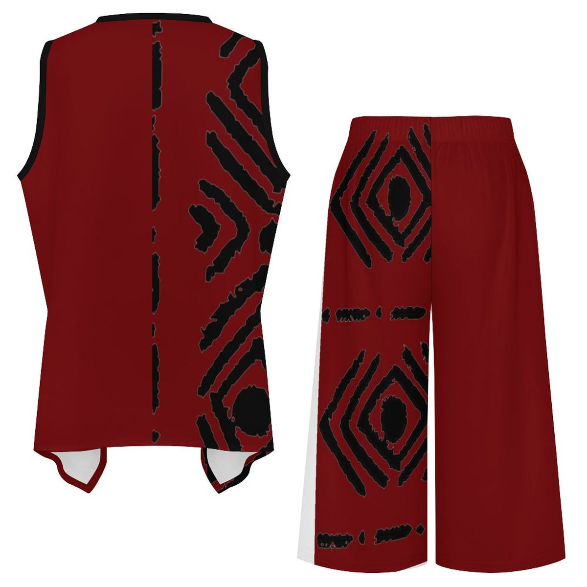 Mudcloth Print V-Neck Top & Wide Leg Pants Set — Red & Black