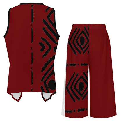 Mudcloth Print V-Neck Top & Wide Leg Pants Set — Red & Black