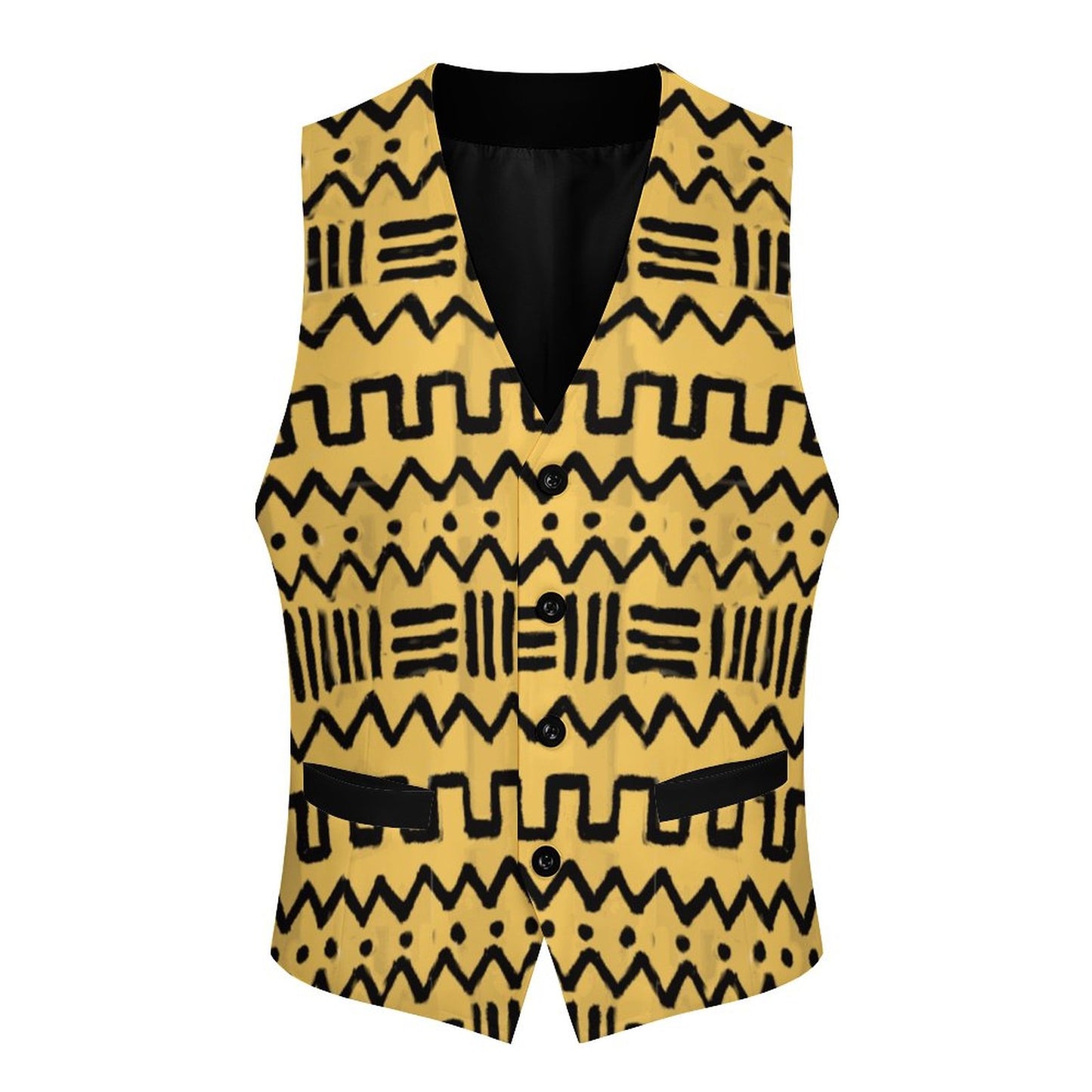 A sleeveless vest with a bold black geometric tribal pattern on a mustard yellow background, featuring a V-neck, front buttons, and two front pockets, shown against a plain white background.