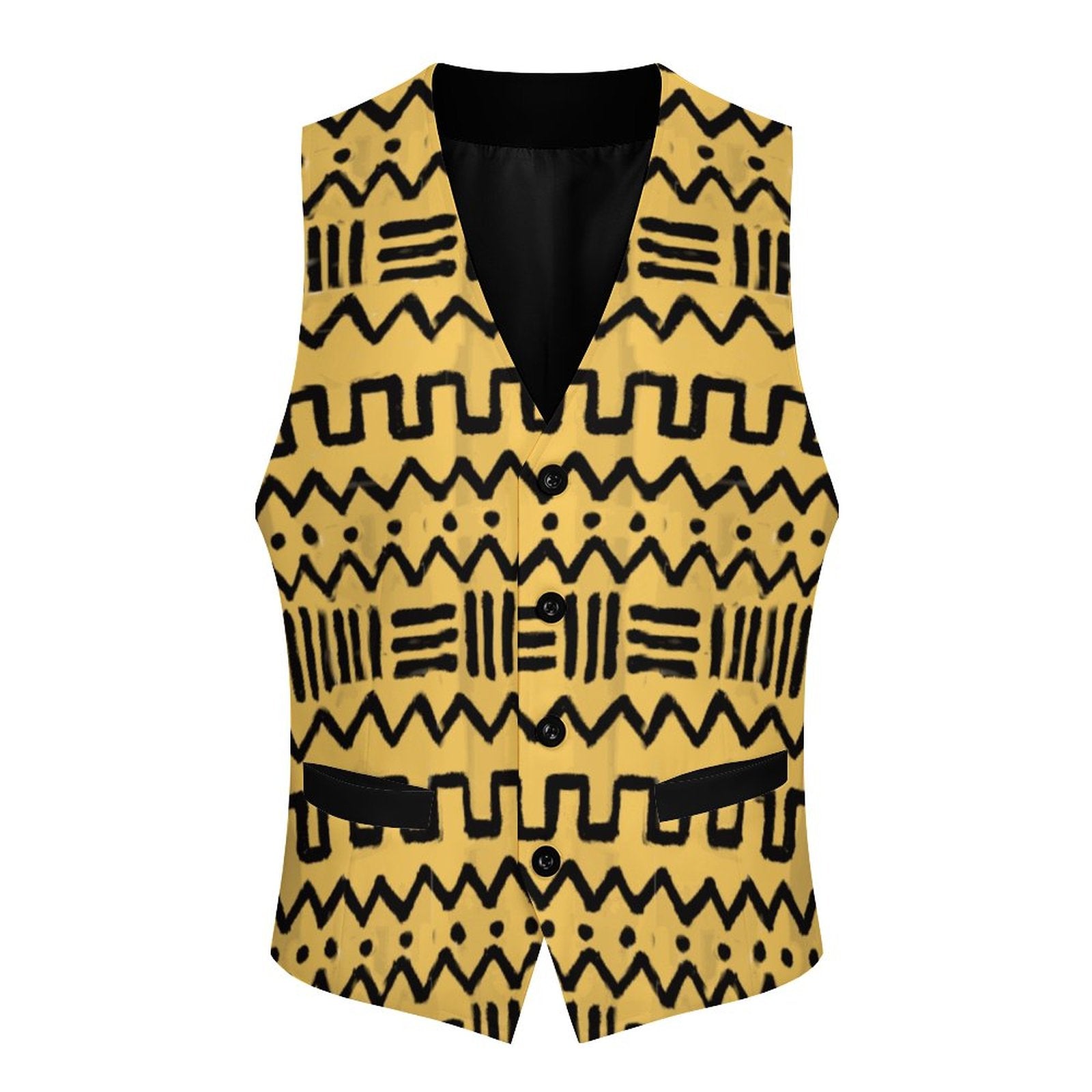 A sleeveless vest with a bold black geometric tribal pattern on a mustard yellow background, featuring a V-neck, front buttons, and two front pockets, shown against a plain white background.