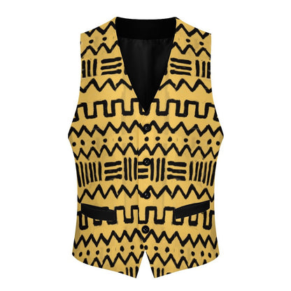 A sleeveless vest with a bold black geometric tribal pattern on a mustard yellow background, featuring a V-neck, front buttons, and two front pockets, shown against a plain white background.