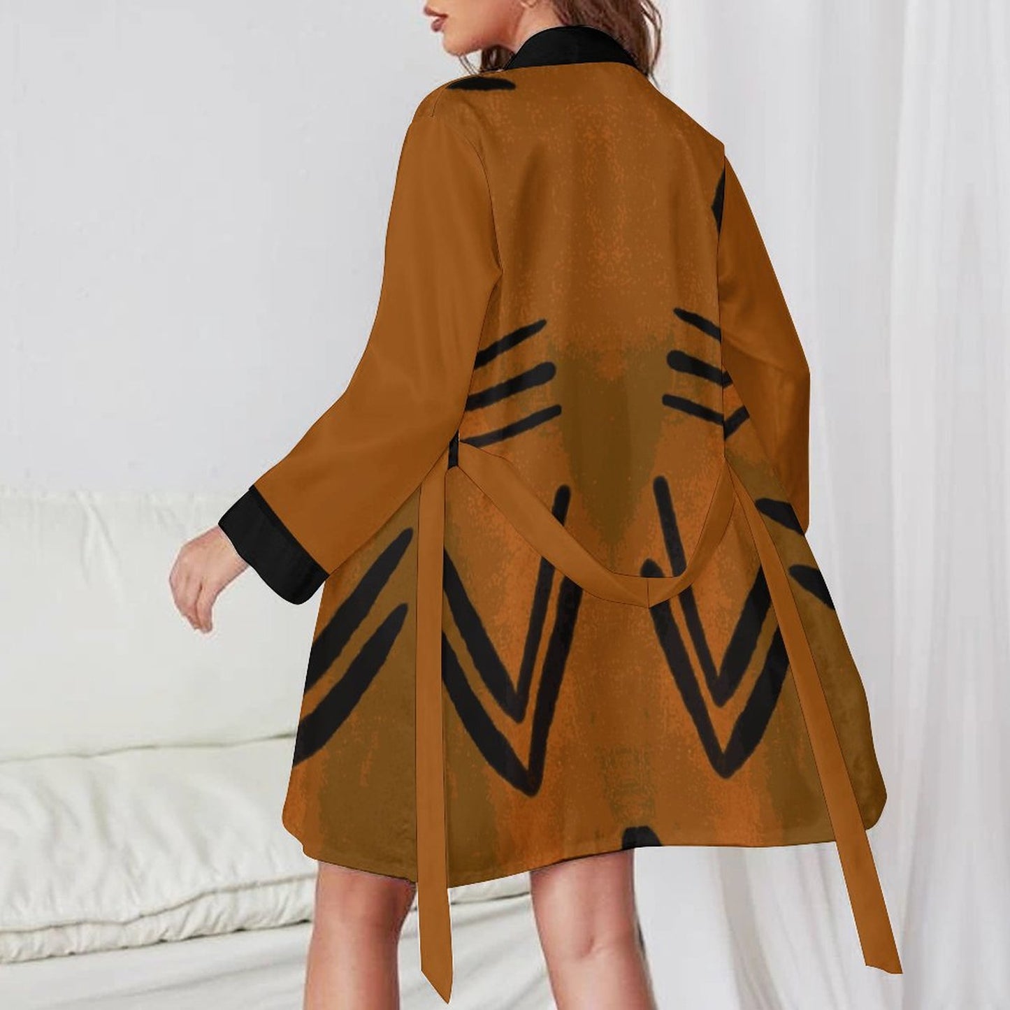 Bogolan Ascent Kimono Robe | Terracotta & Black Long Sleeve Belted Nightdress