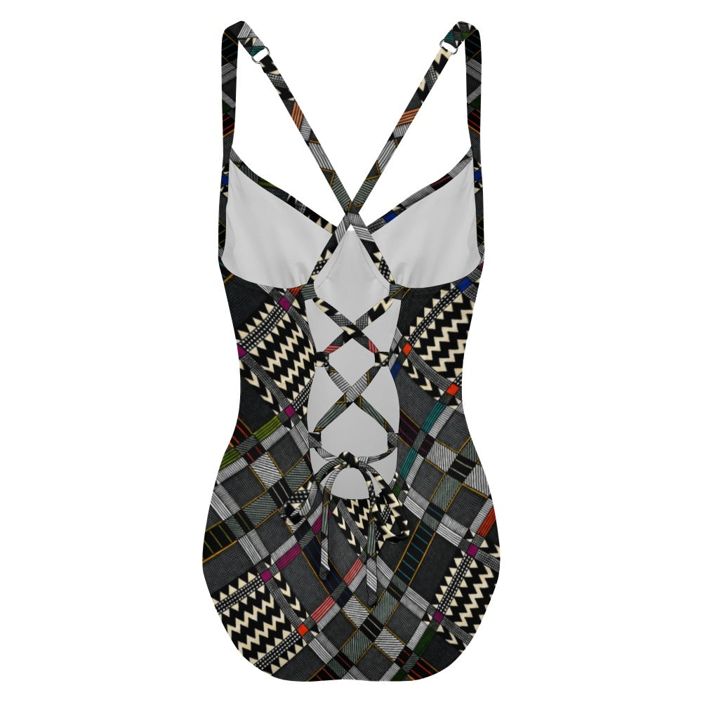 Kente-Inspired Diagonal Weave One-Piece Swimsuit