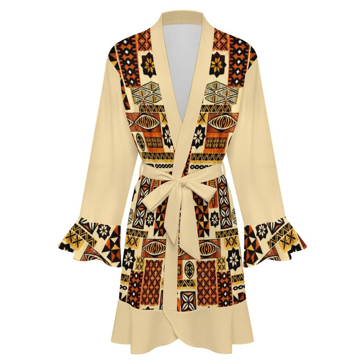 120gsm Women's Ruffle Long Sleeve Bogolan Motif Robe