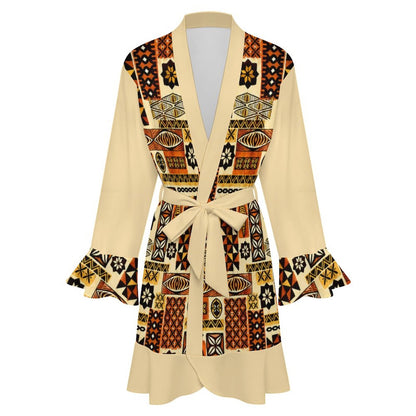 120gsm Women's Ruffle Long Sleeve Bogolan Motif Robe