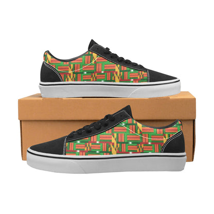 Kente Print Men’s Low-Top Skate Sneakers — Black Suede Accents (ME001-2)