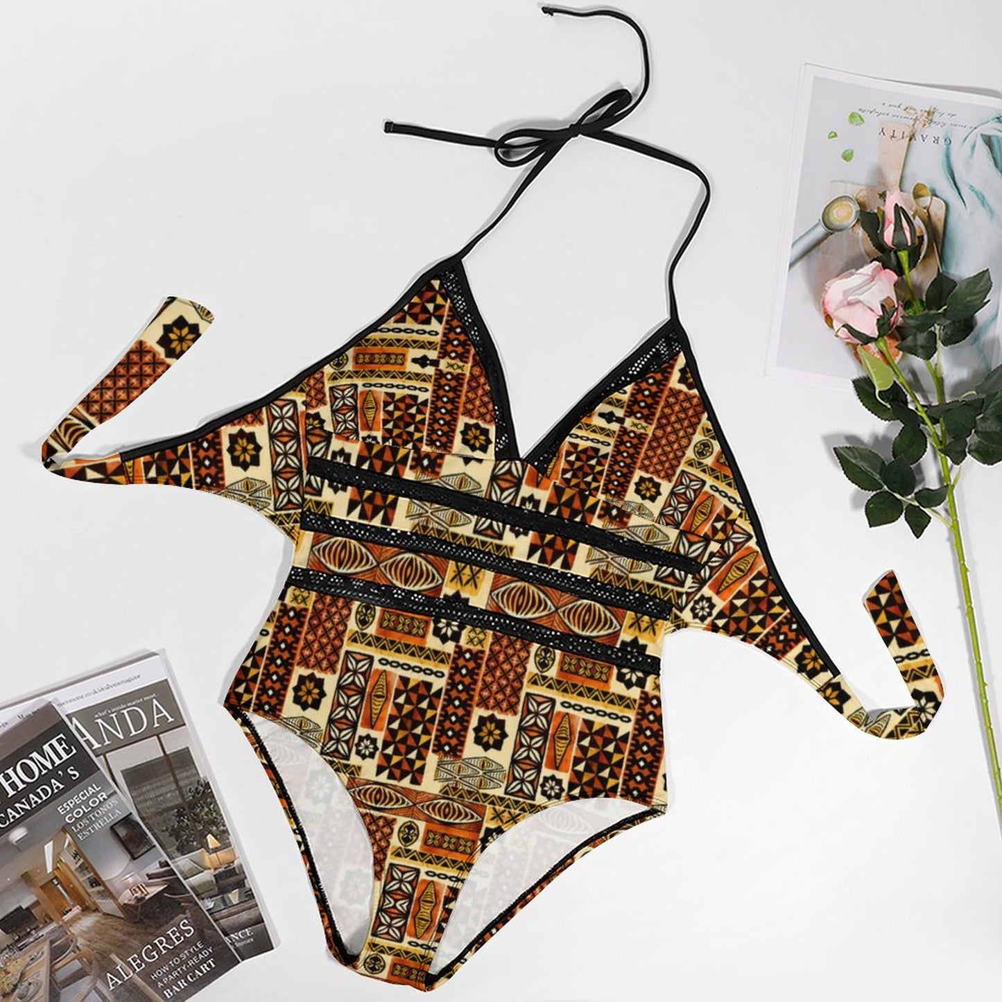 Royal Kente Halter One-Piece Swimsuit – African Print V-Neck Women's Swimwear