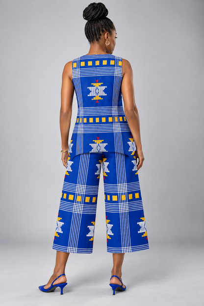Tribal Print V-Neck Top & Wide Leg Pants Set — Royal Blue