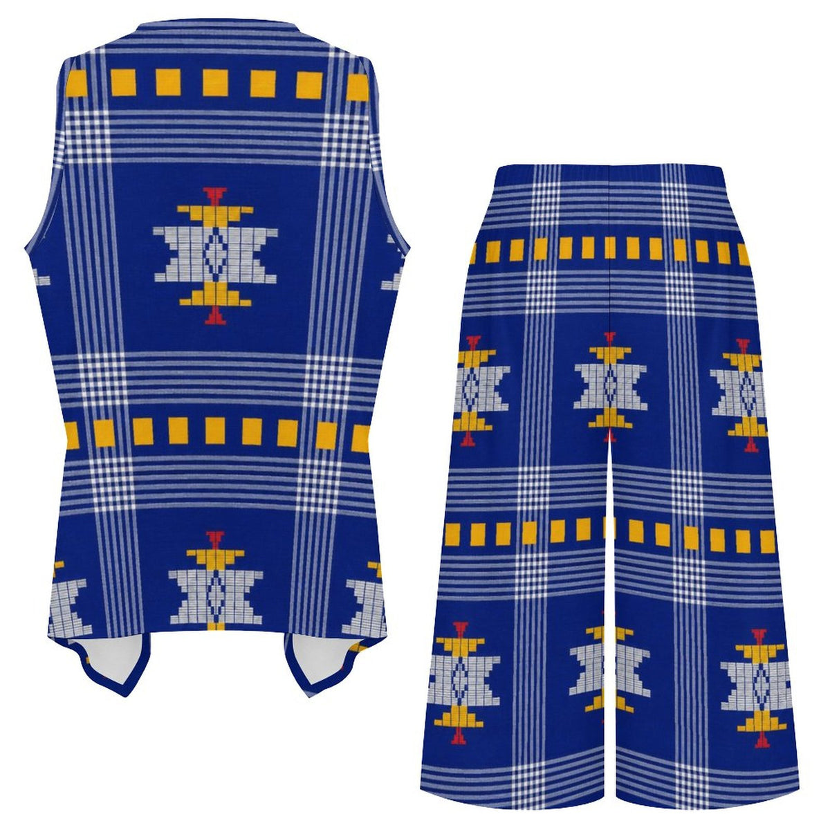 Tribal Print V-Neck Top & Wide Leg Pants Set — Royal Blue