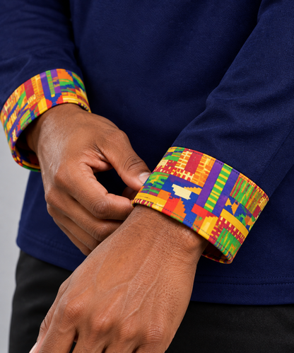 Men's Sports Long Sleeve Polo — Kente Accent, Navy Base Color