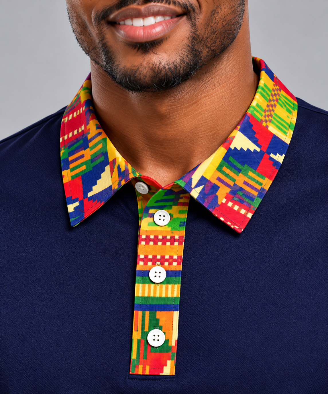 Men's Sports Long Sleeve Polo — Kente Accent, Navy Base Color
